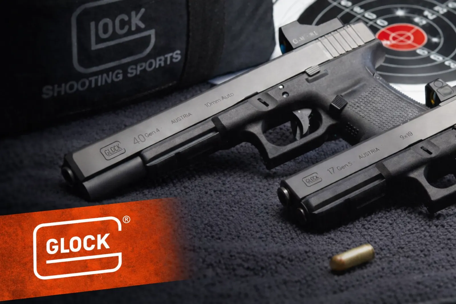 Glock 40 Gen4 in 10 mm Auto und Glock 17 Gen5 in 9 mm mit Rotpunktvisier und Zielscheibe