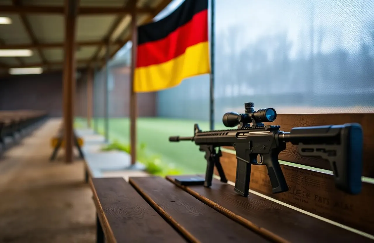 Sportgewehr auf der Schießbahn vor Deutschlandflagge — Symbolbild für das DSB-Positionspapier 2025