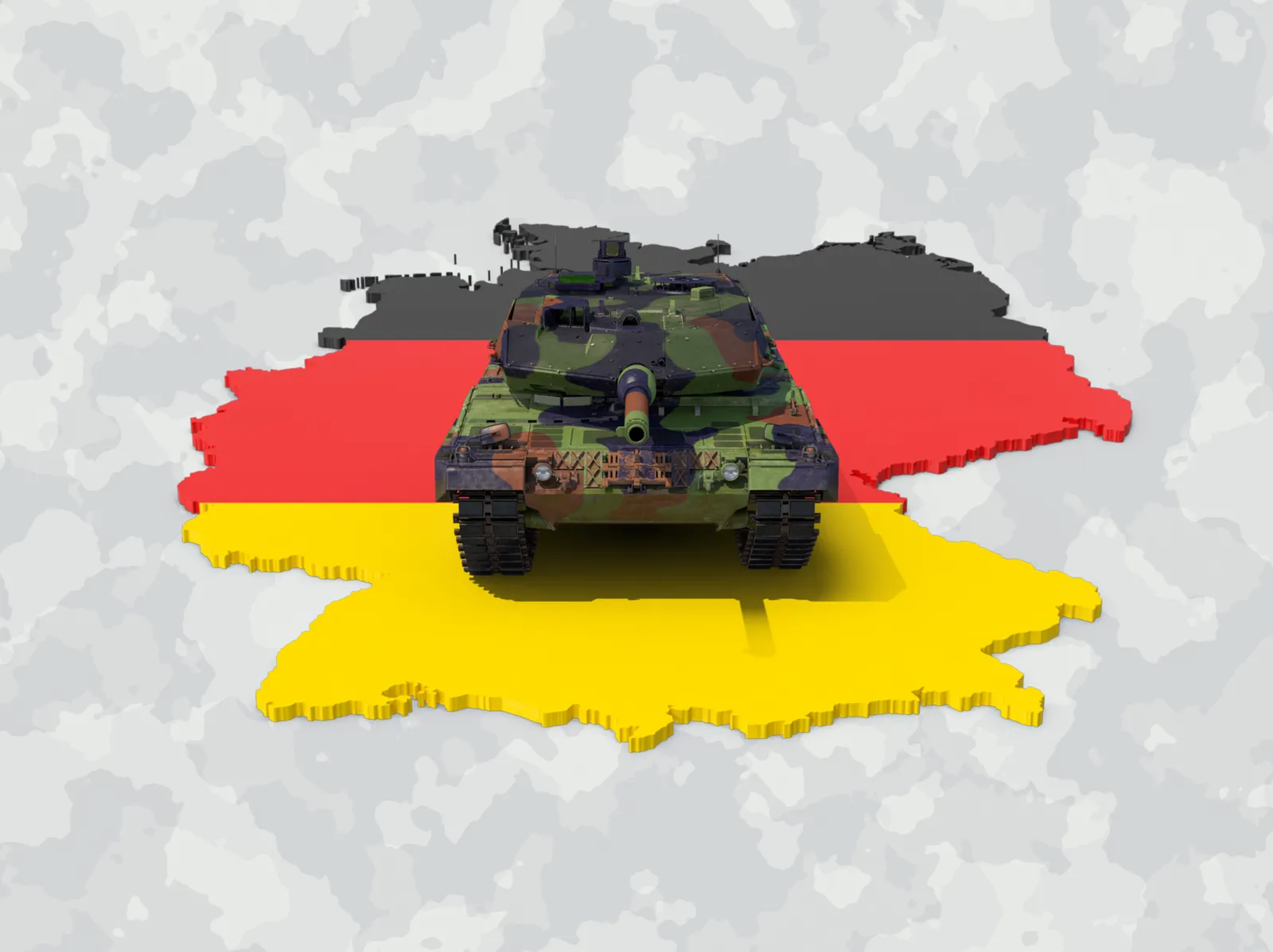 Silhouette eines Leopard-2-Kampfpanzers in einer Werkshalle vor Deutschlandflagge — Symbolbild für den Bund-Einstieg bei KNDS