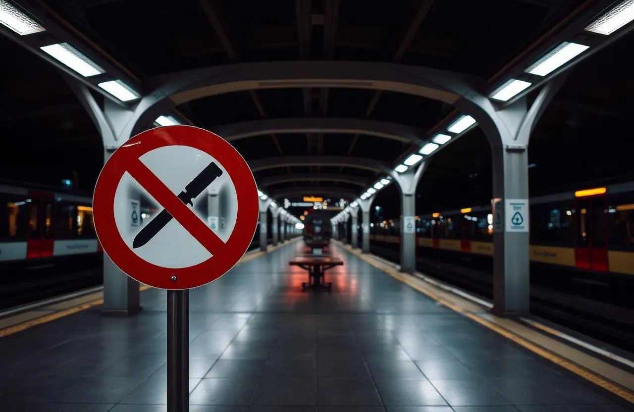 Verbotsschild für Messer an einem deutschen Bahnhof — Symbolbild für die erweiterten Messer-Verbotszonen 2025