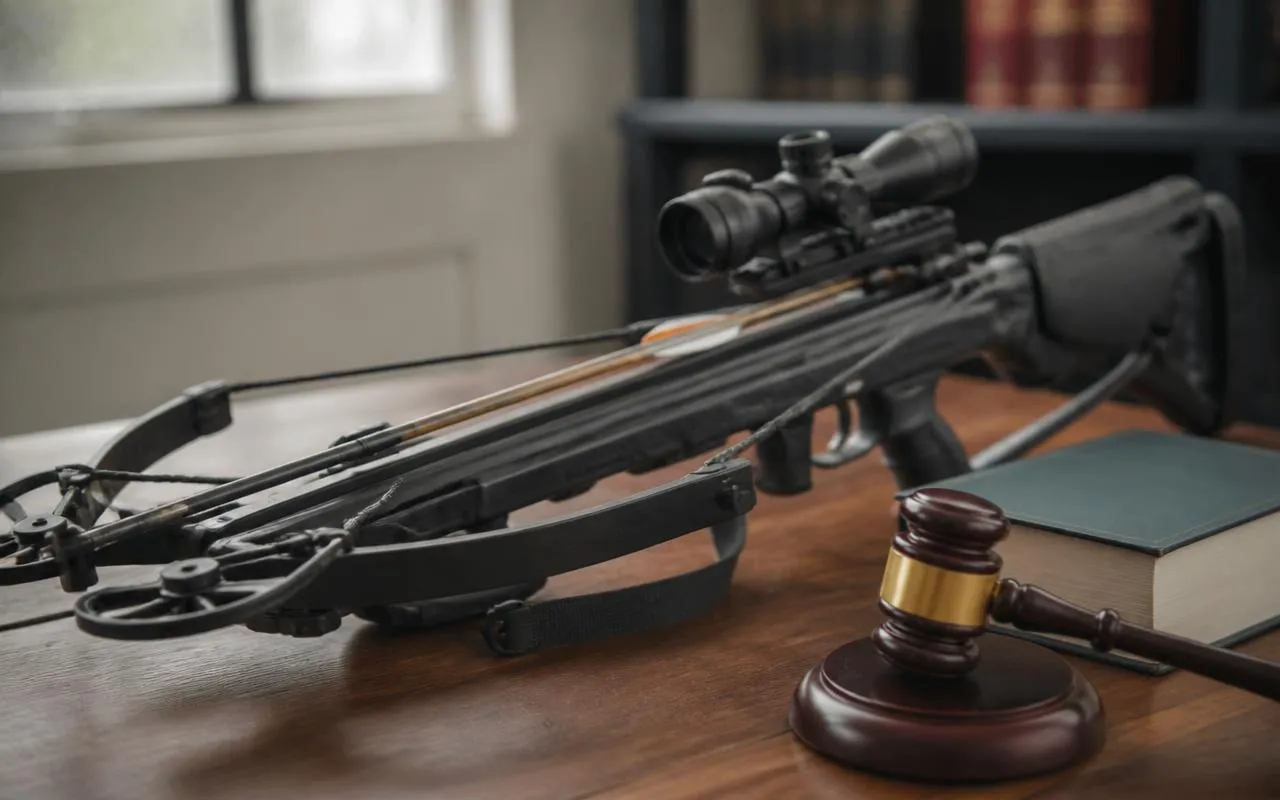 Armbrust mit Zielfernrohr neben Richterhammer und Gesetzbuch auf einem Holztisch – Symbolbild für das Waffenrecht 2026