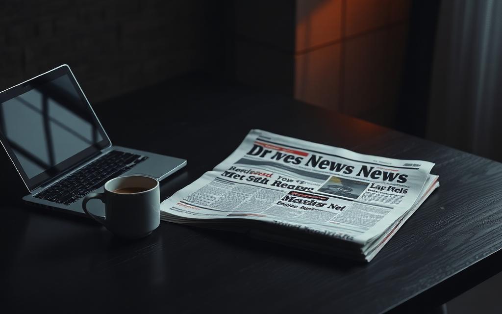 Redaktioneller Schreibtisch mit Zeitung und Laptop – Symbolbild für News