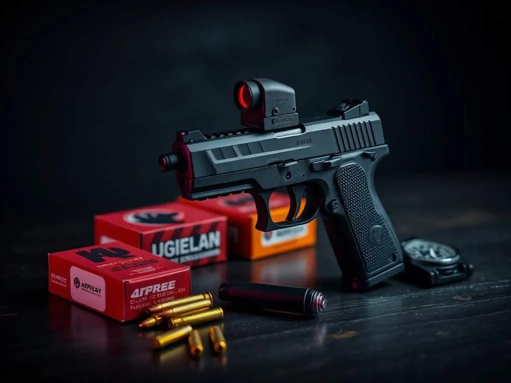 Sportpistole mit Rotpunktvisier, Munition und Chronograph auf dunklem Holz
