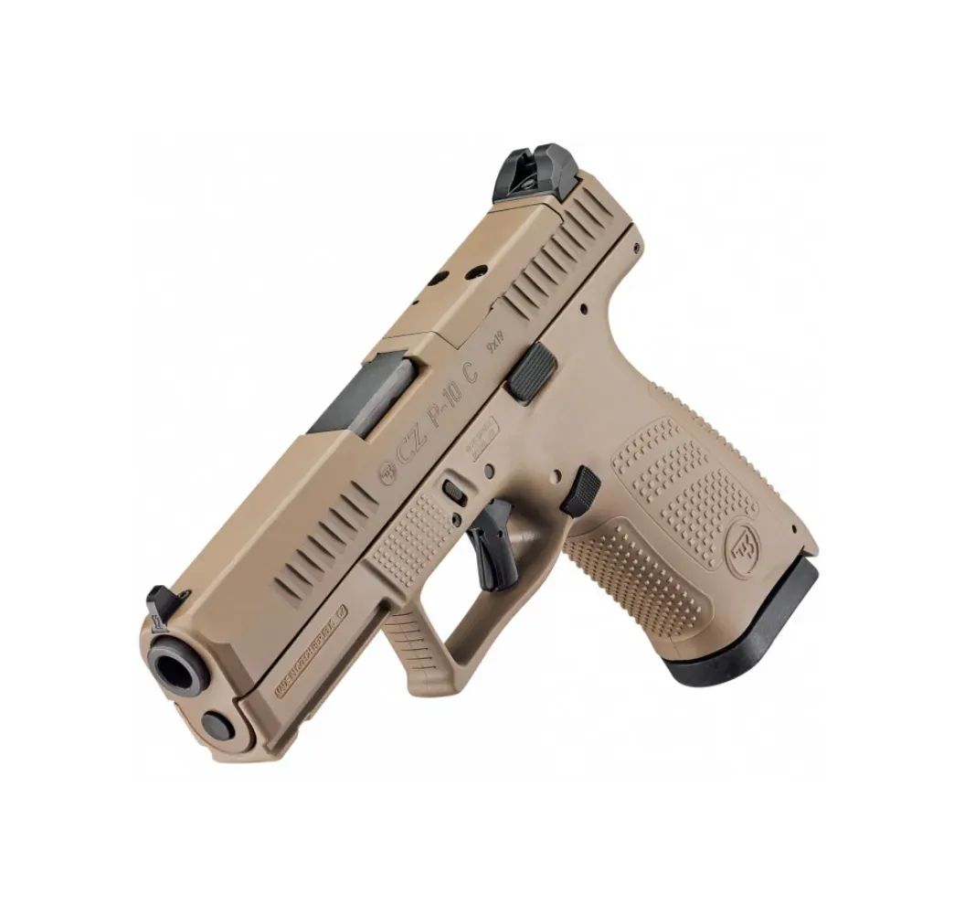 CZ P-10 C OR FDE-Ceracote in der Schrägansicht mit Blick auf Verschluss und Griffstück