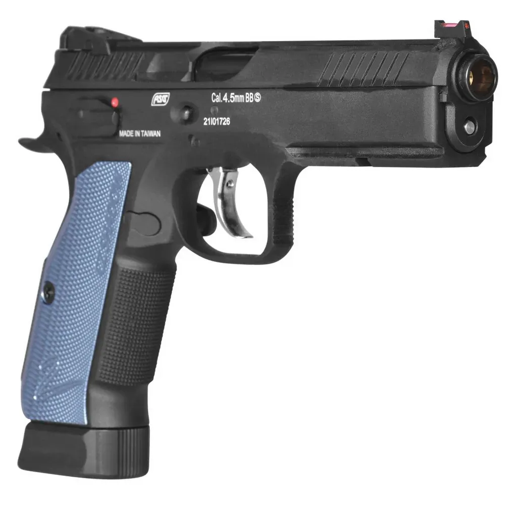 CZ Shadow 2 CO2 von schräg hinten – CNC-Aluminium-Griffschalen und beidhändige Sicherung